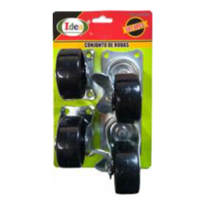 Rodízio  2"  Jogo c/ 4 peças  2 Rodas Fixas  e  2 Giratórias  c/ Freio Trava - Preto - IDEA