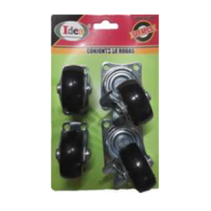 Rodízio  2"  Jogo c/ 4 peças  2 Rodas Fixas  e  2 Giratórias  c/ Freio Trava - Preto - IDEA